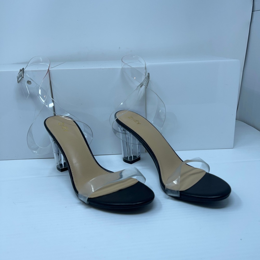 ZriEy Womens 10M Black Clear PVC Transparent Block Heel Ankle Strap Sandals New